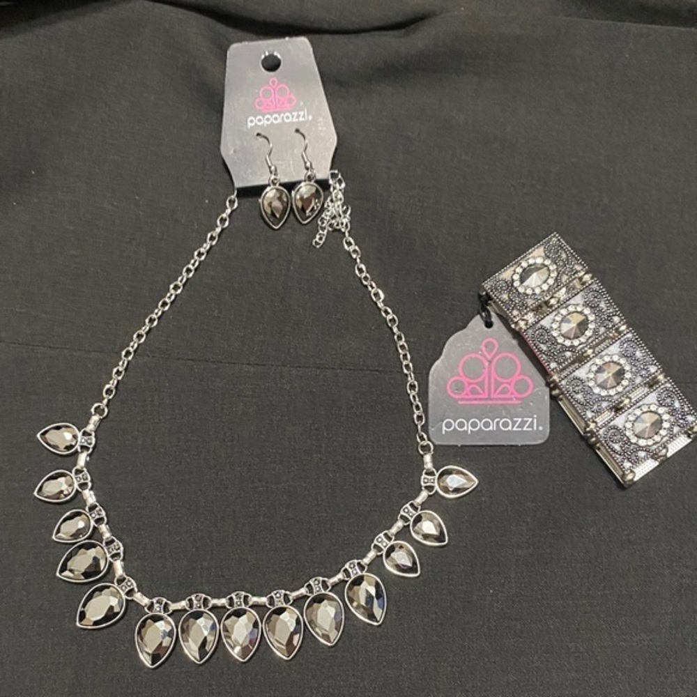 Paparazzi Silver Necklace Set with Black Gems
